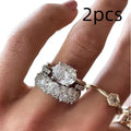 Women's mosaic oval zircon three-piece ring set, alloy, electroplated white, geometric design on grey background