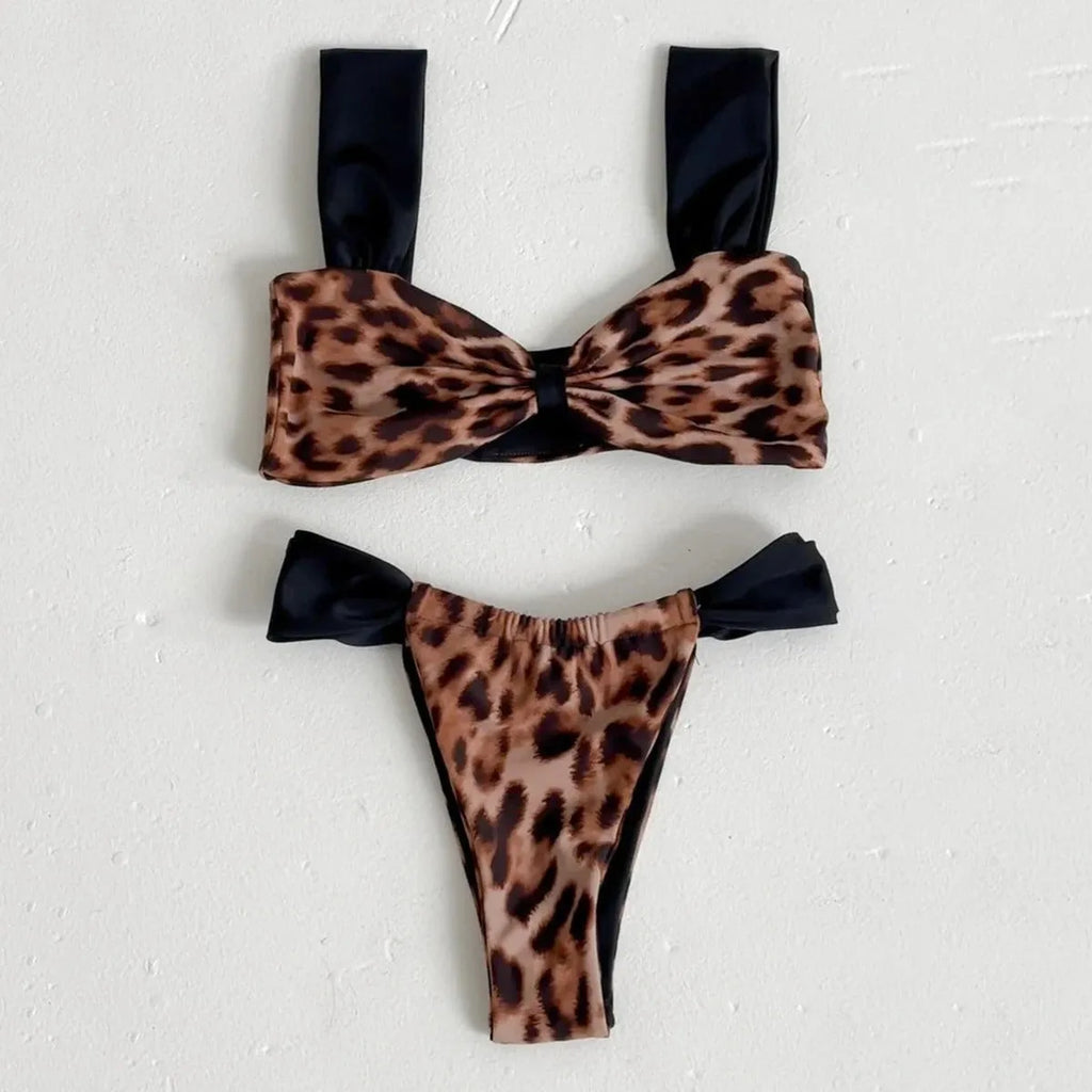 Bikini leopard print tube top split women's suit sleeveless nylon two piece set with T-pants