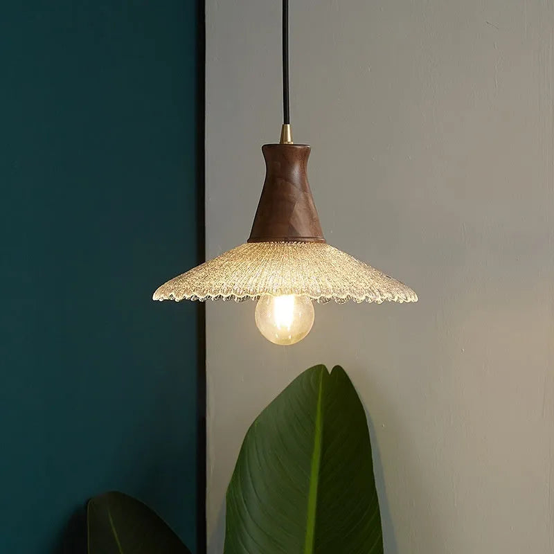 Wood and glass ceiling chandelier with brass finish, shown in small, medium and large sizes.