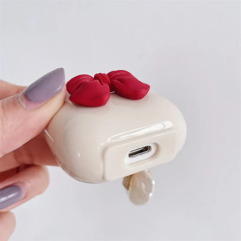 Beige red bow shell pendant TPU case for AirPods Pro wireless earphones