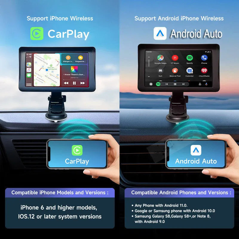 7 inch car smart screen with wireless Carplay and Android Auto on retractable bracket in vehicle