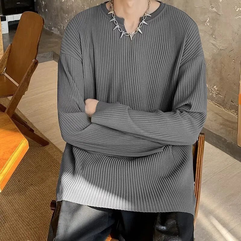 Plus size striped texture draping solid colour pullover top in black, long sleeves, loose fit polyester