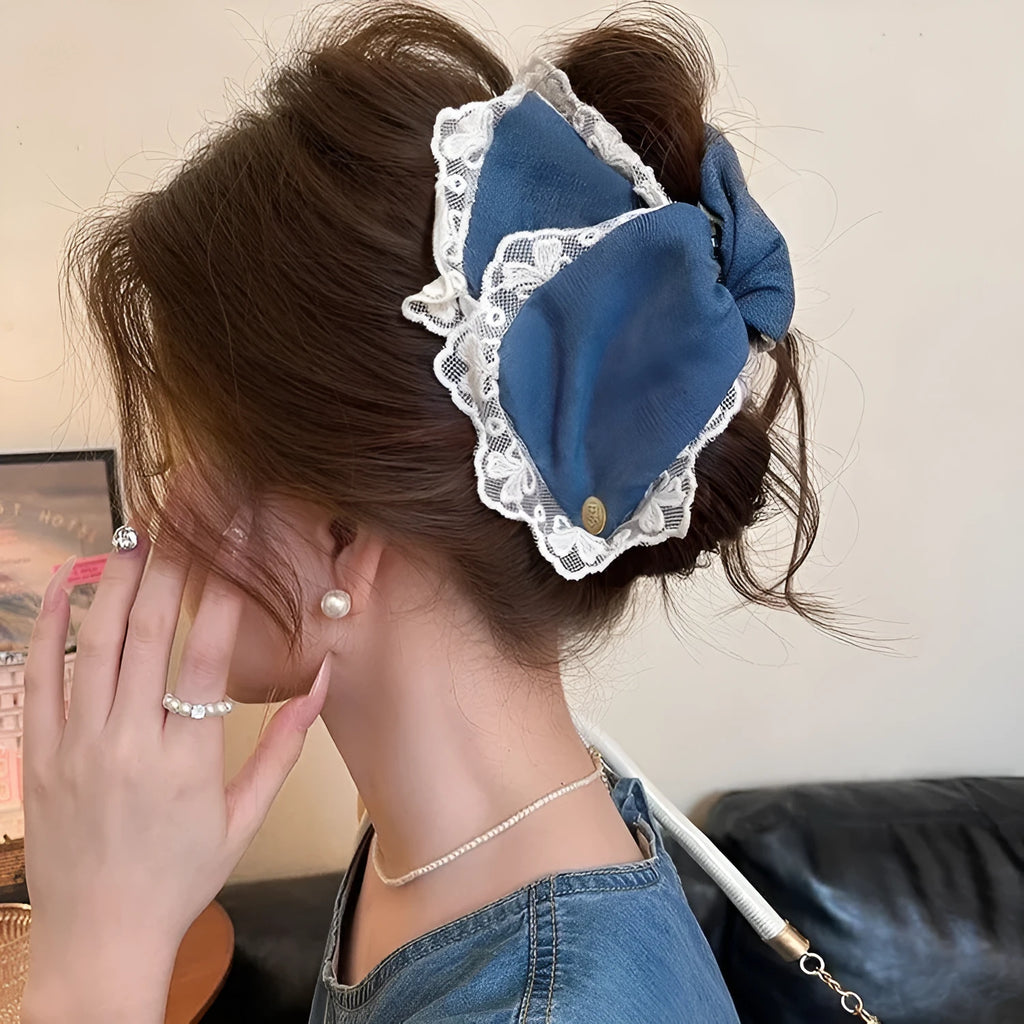 Love Denim Bow handmade triangle hair clip in affordable luxury style, made from fabric and acrylic