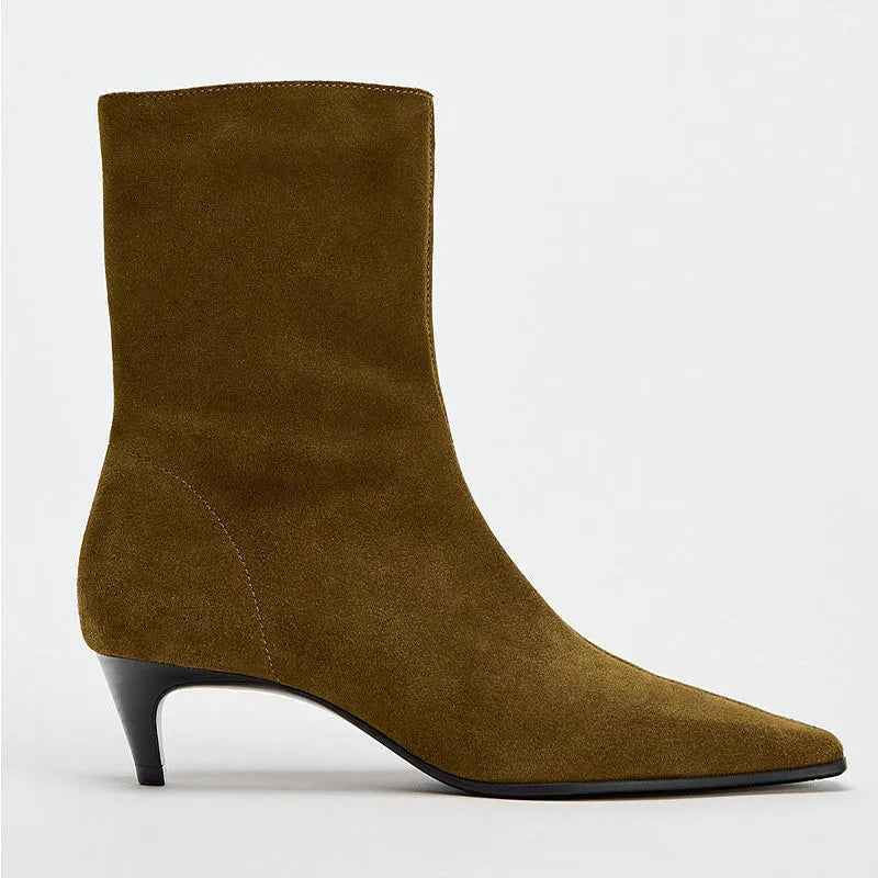 Brown women's square toe mid-calf boots with a side zipper and a low kitten heel on a waterproof platform sole.