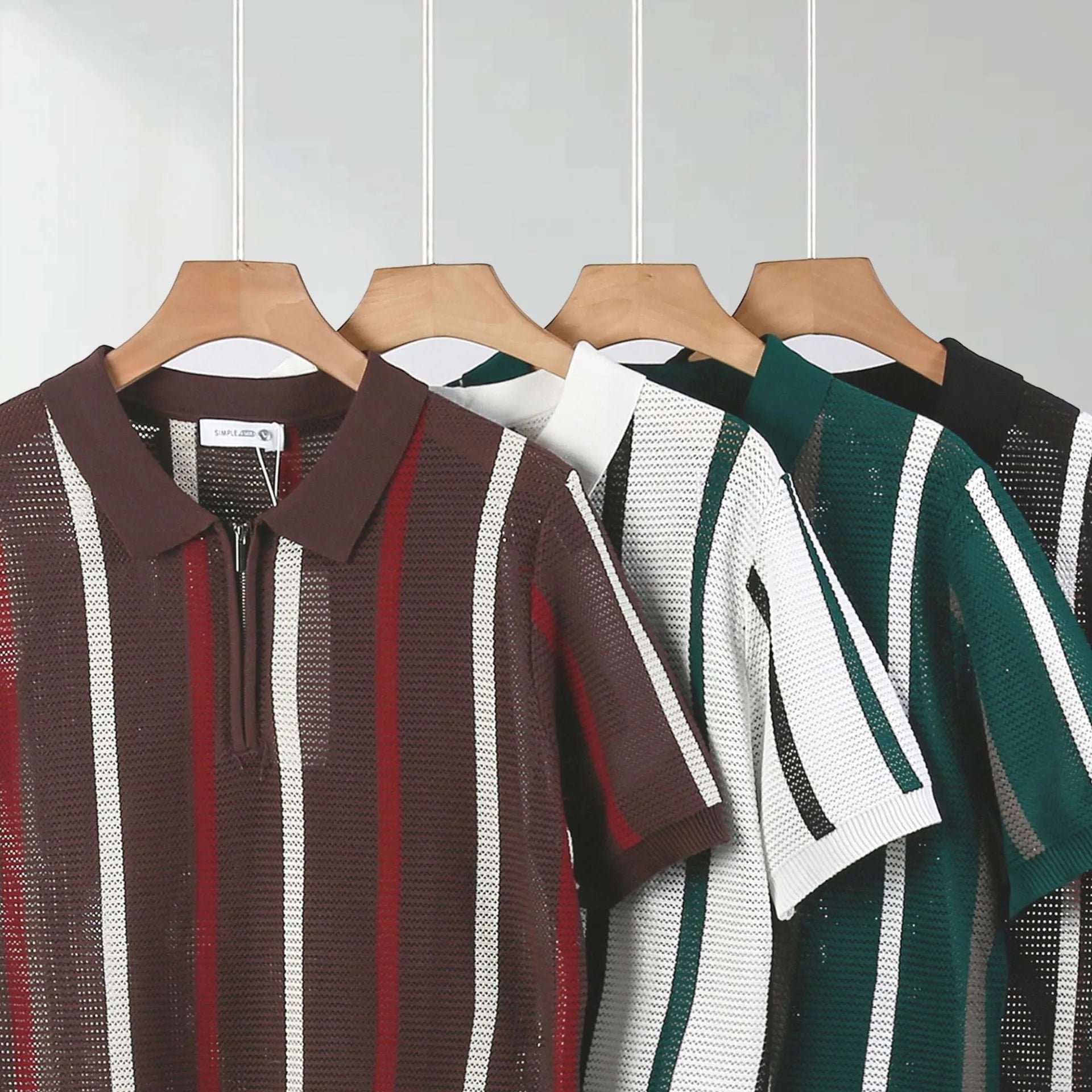 Hollow mesh short-sleeved polo shirt in Ice Silk fabric with zipper decorations, loose fit
