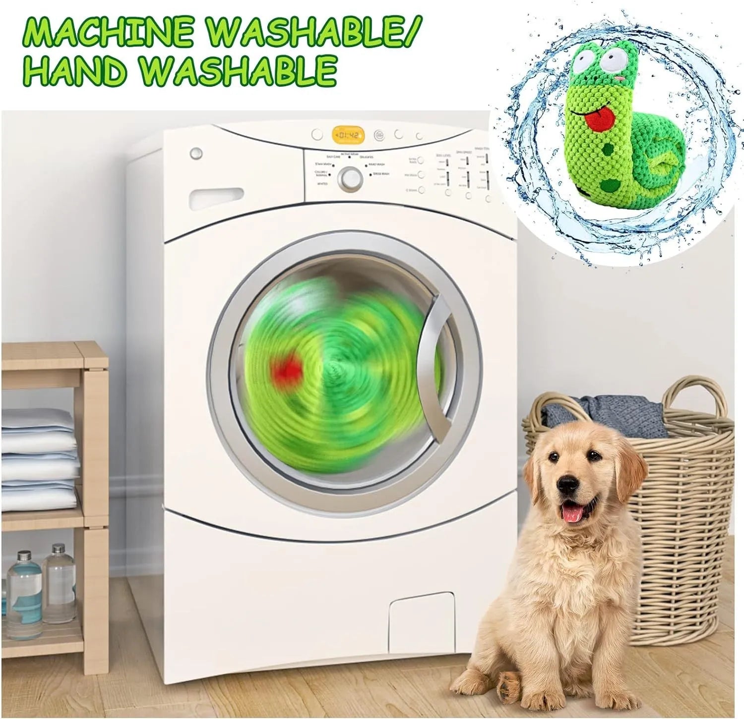 Squeak dog puzzle toy shown in snail and stick shapes with hidden food holes for foraging games