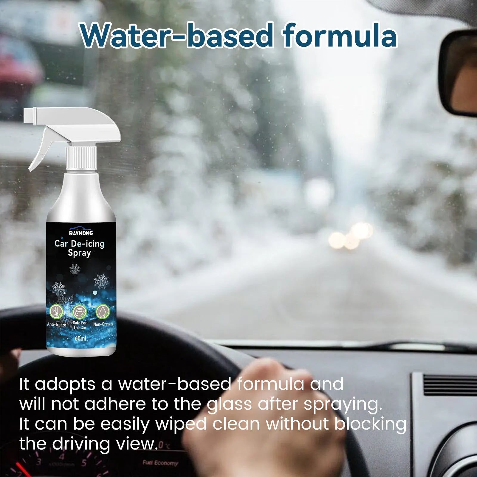 Car window deicing snow melting agent 60ml spray bottle with blue label