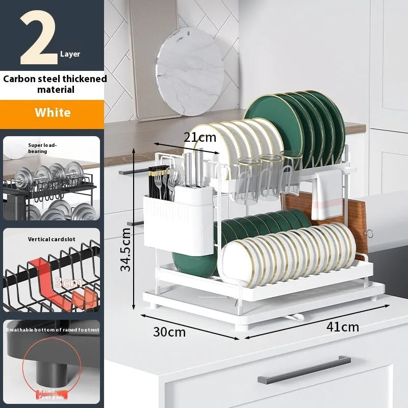 White double-layer kitchen storage rack with removable draining shelf made from carbon steel