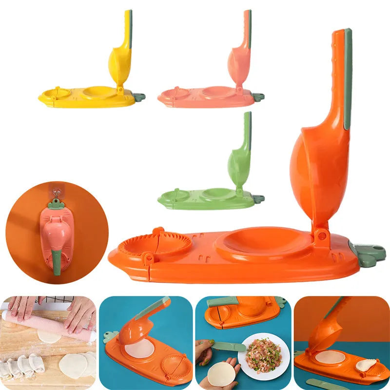 2-in-1 plastic dumpling dough press maker in orange and white, with ergonomic handle and hanging hole for storage