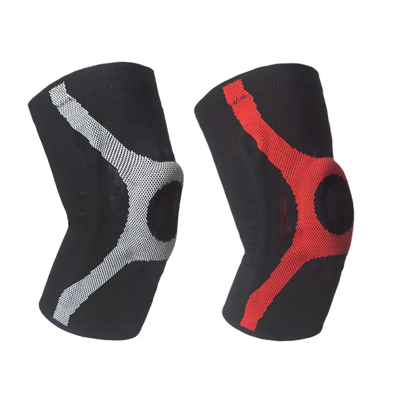 Grey and red silicone knit sports knee pads with non-slip kneecap protection.