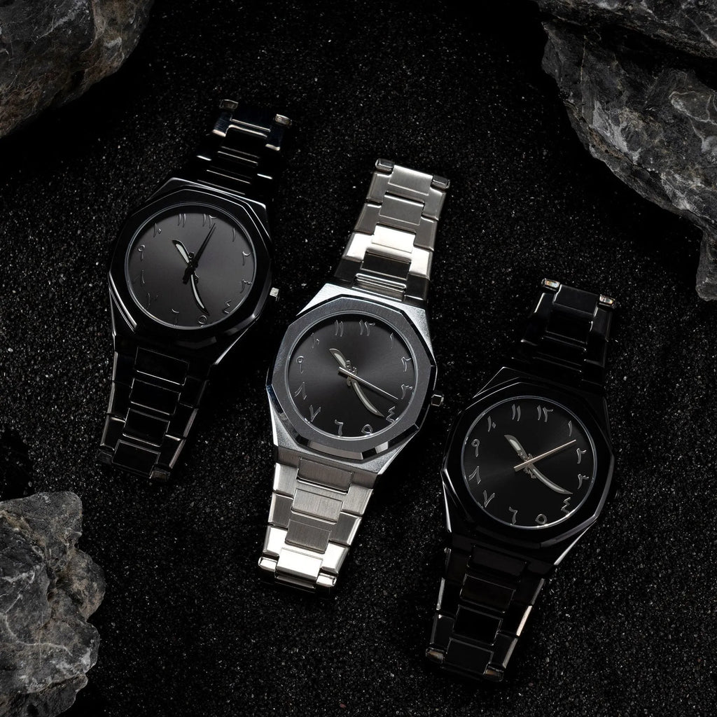Men's business casual steel belt quartz watch showing black and silver colour options