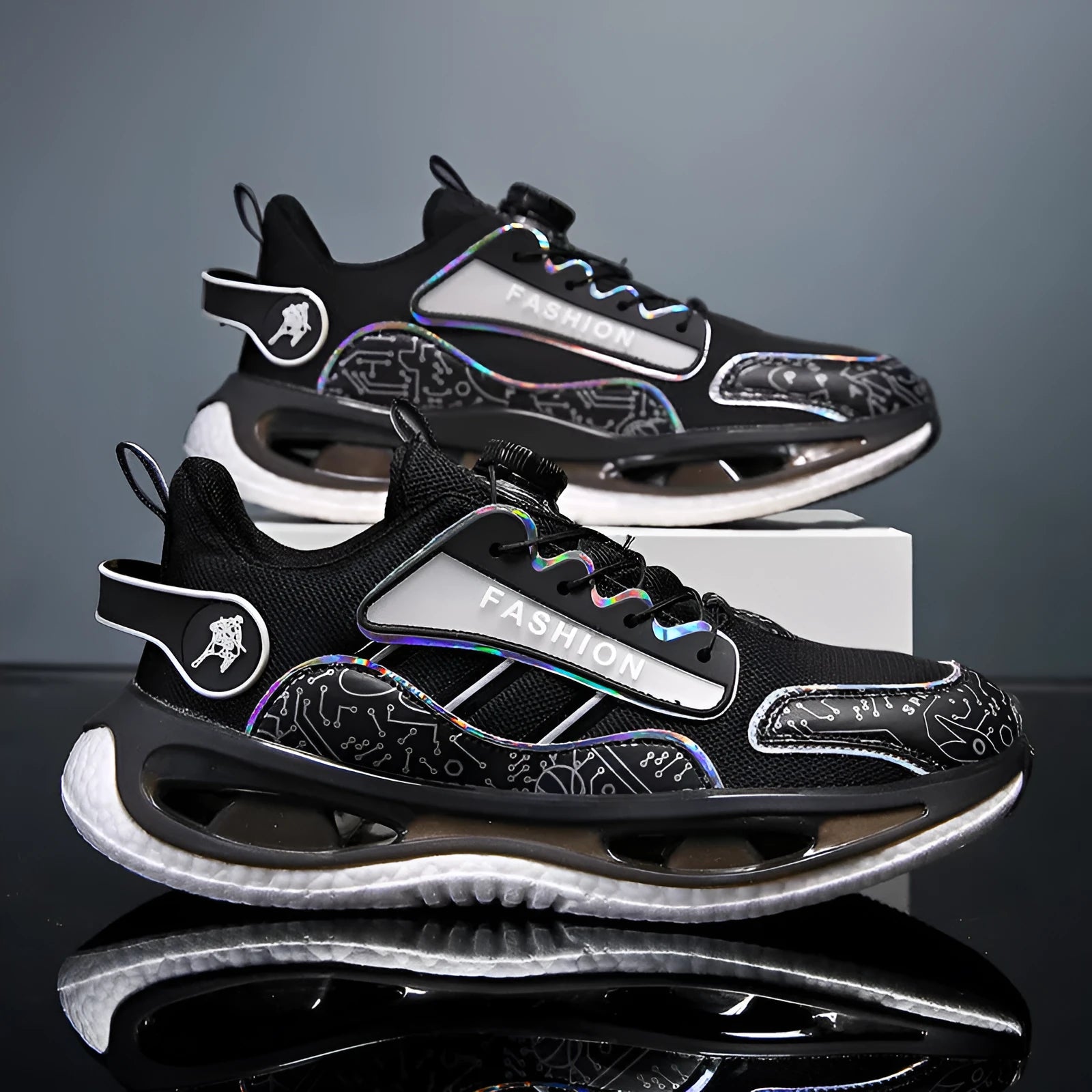 Men's low-top mesh sports shoes in solid colours with elastic band closure and a textured popcorn TPU sole.
