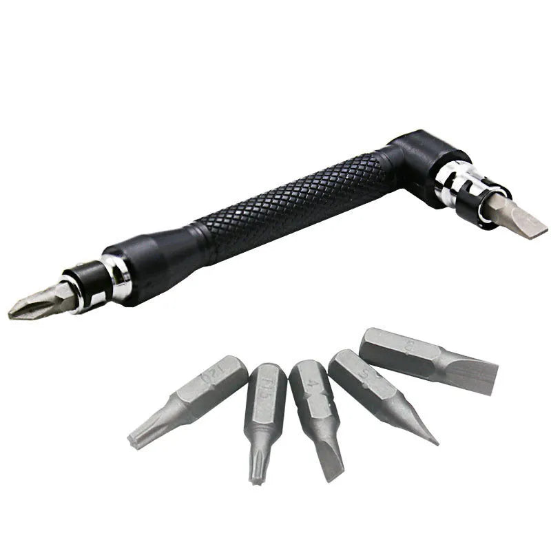 45# steel L-type double-headed socket wrench with ten screwdriver bits laid out on a workbench.