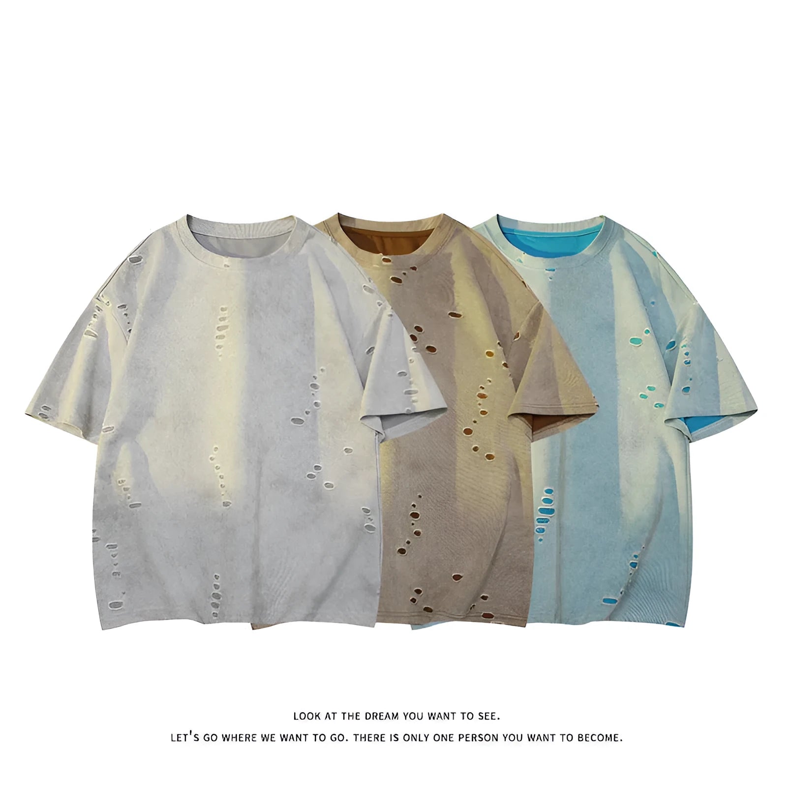 Men's American leisure ripped short sleeve cotton blend top in blue with loose pullover fit