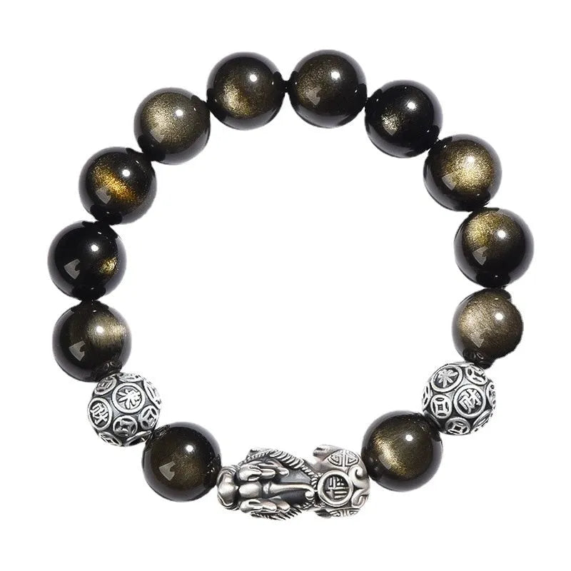 S999 silver natural obsidian bracelet for men with polished geometric beads on leather cord, 12mm size