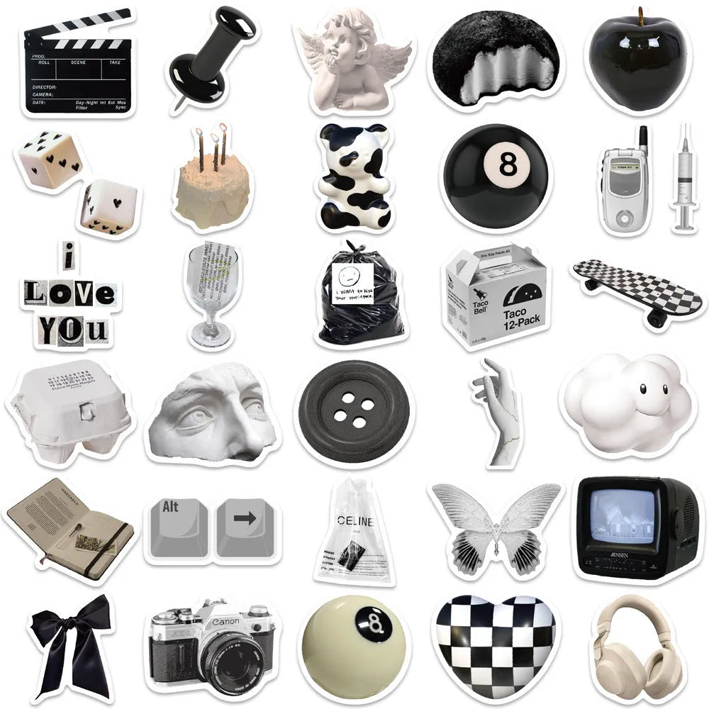 61 black and white PVC waterproof stickers on a sheet for laptops, phones and luggage