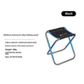 Black aluminium folding camping stool with ethnic patterning in folded and unfolded positions
