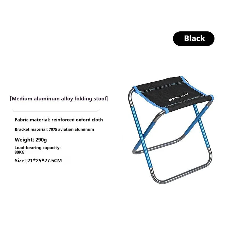 Black aluminium folding camping stool with ethnic patterning in folded and unfolded positions