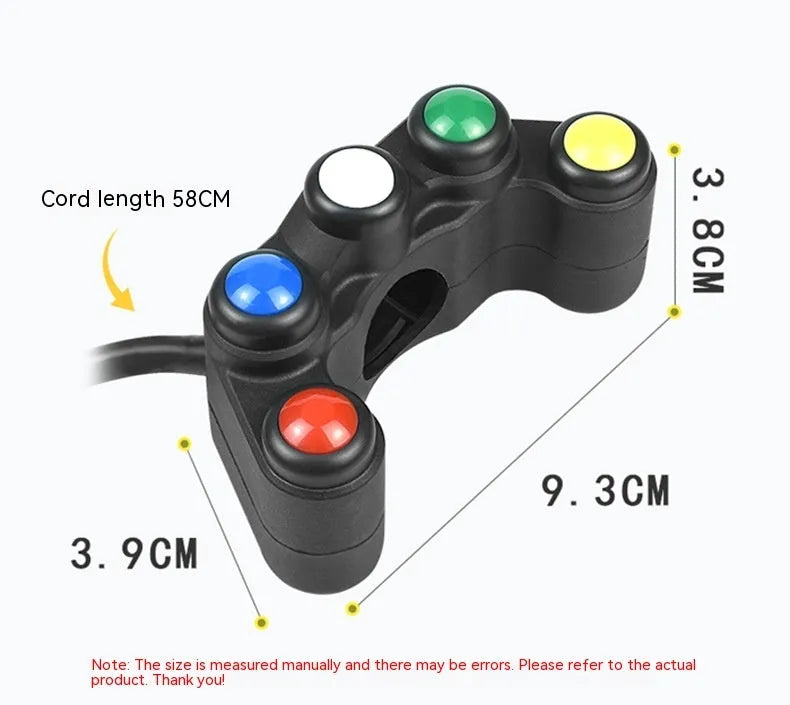 Plastic five-position vehicle switch with red, yellow, blue, green, and white buttons and a 52cm black wire.
