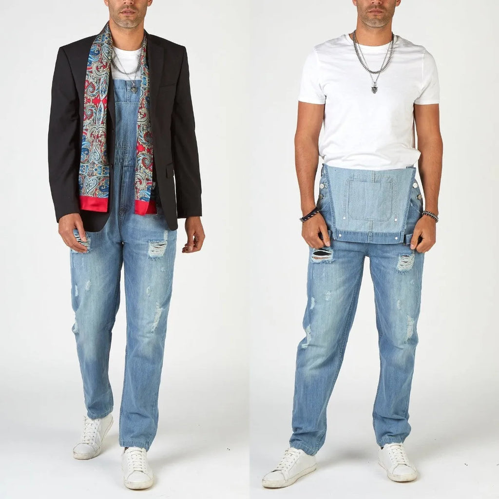 Men's high waist ripped suspender jeans in light blue polyester denim with button fly