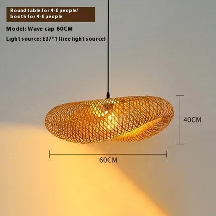 Bamboo woven hanging lamp with straw hat shape in natural rattan material