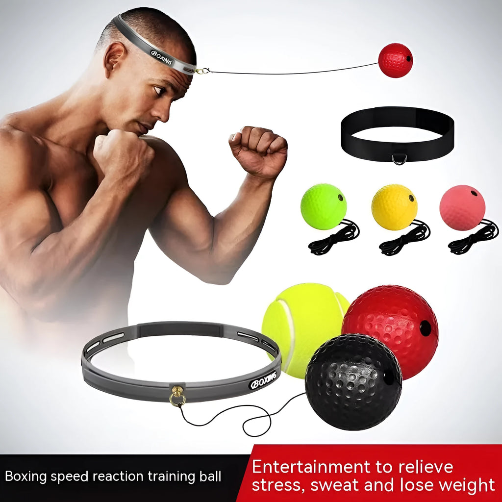 Head-mounted boxing reaction training set with multiple balls and adjustable headbands