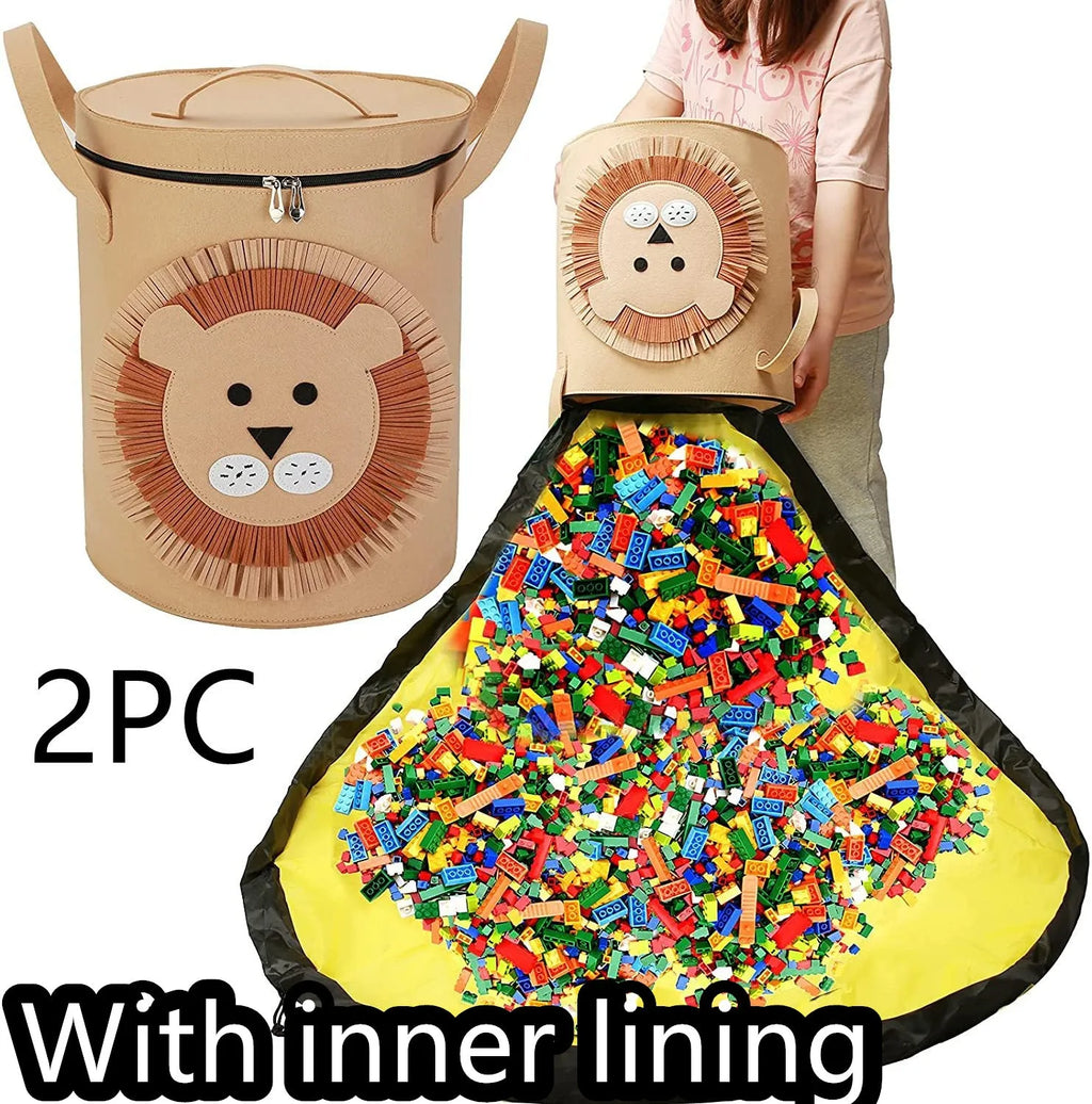Green felt cube storage bag with pull rope, unfolded flat as a large rectangular play mat.