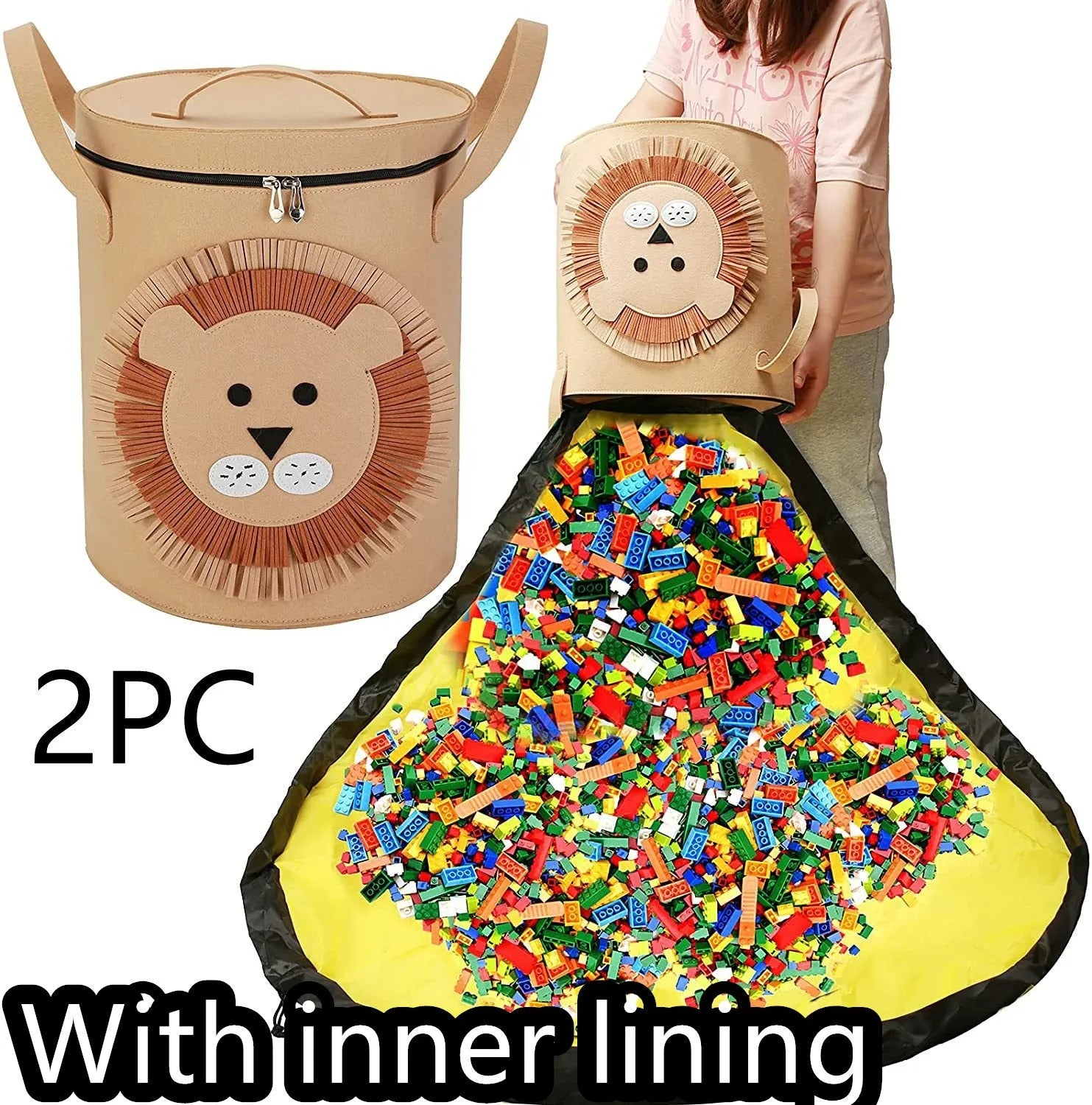 Green felt cube storage bag with pull rope, unfolded flat as a large rectangular play mat.