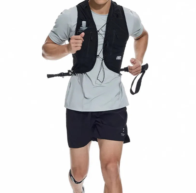 Black and blue running shorts with four-sided stretch and laser-stitched seams for training.