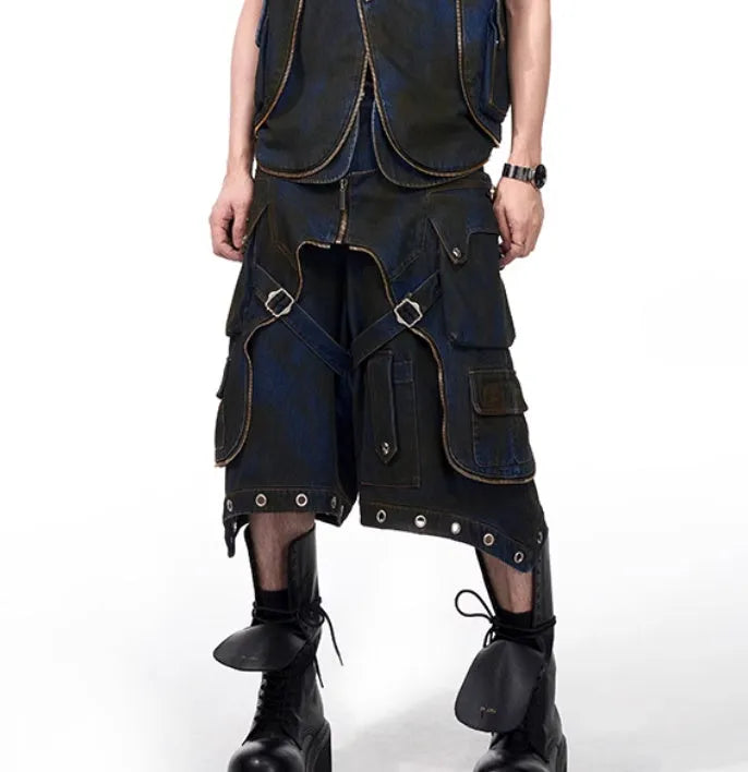 Blue hooded denim vest coat and matching trousers men's two-piece casual set
