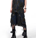 Blue hooded denim vest coat and matching trousers men's two-piece casual set