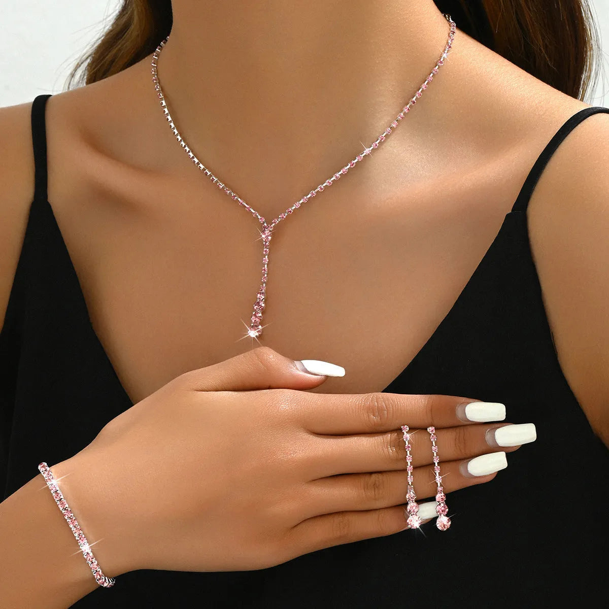 Rhinestone wedding jewellery three-piece set with necklace bracelet earrings in silver pink