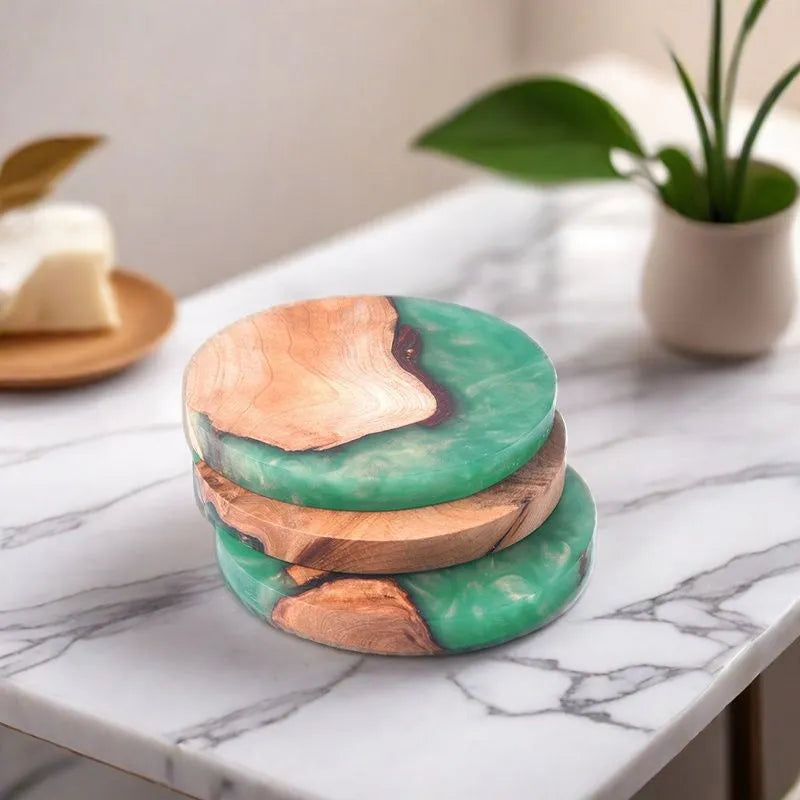Nordic wooden style Kung Fu tea coaster in heat insulation resin, 9.8cm diameter