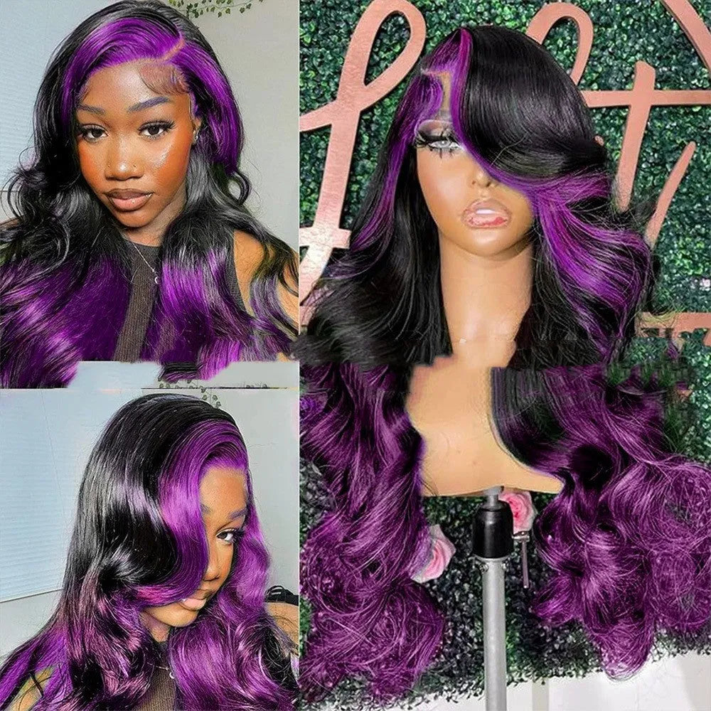 Gradient purple human hair wig with 13x6 lace front and headgear design on a mannequin head