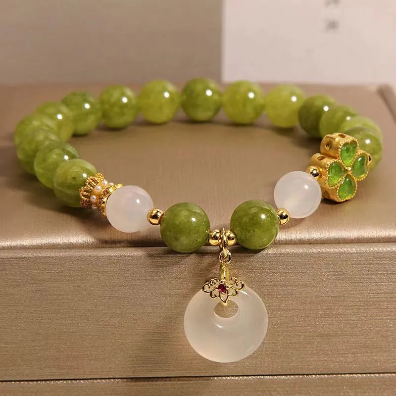 Natural stone green tourmaline women's bracelet with four-leaf clover safety buckle in New Chinese style drop shape geometric design green colour