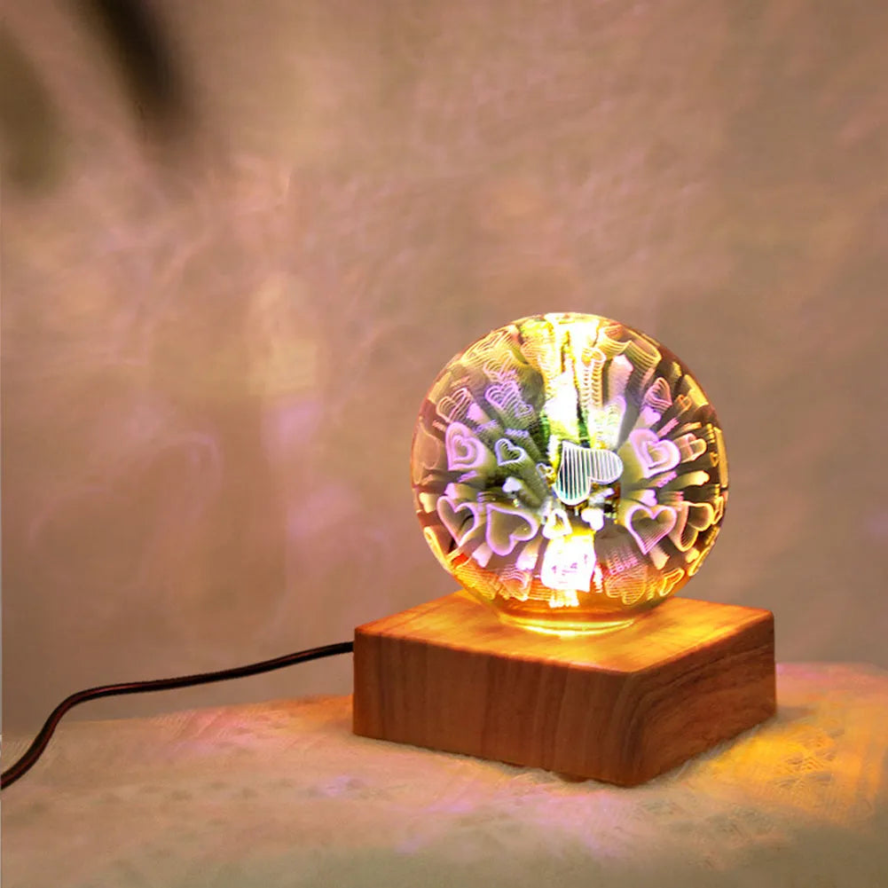 USB 3D firework crystal ball night light with touch control on a wooden table, warm LED glow effect
