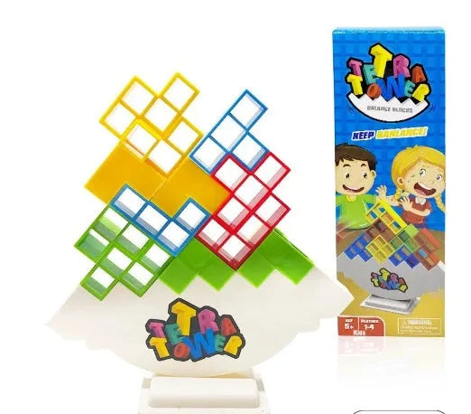 Plastic balance stacking game with 16 coloured blocks, chassis and base for family travel parties