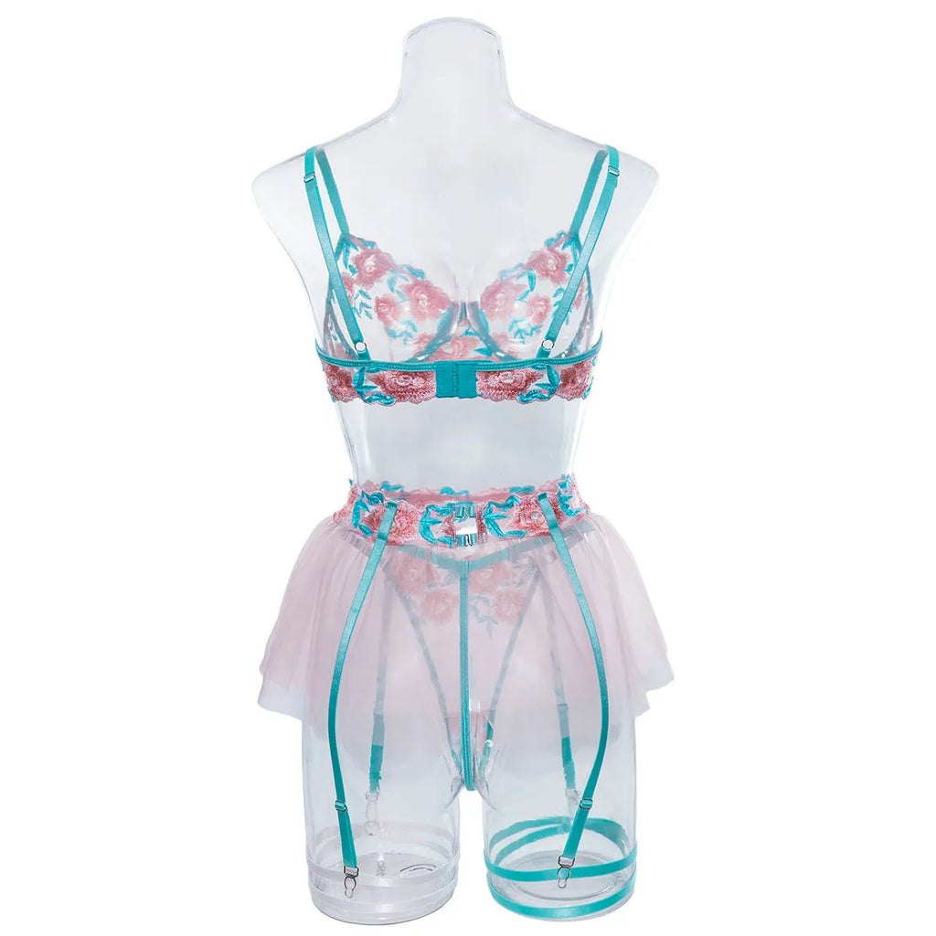 Women's pink mesh pettiskirt suit with embroidered overlay in polyester, size S, M, L, XL options