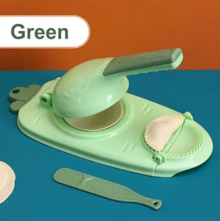 2-in-1 plastic dumpling dough press maker in orange and white, with ergonomic handle and hanging hole for storage
