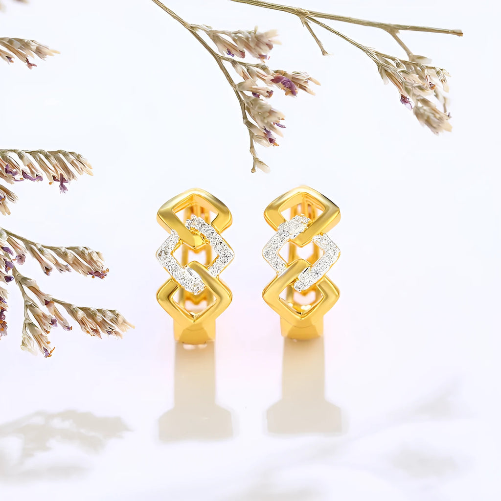 Geometric hollow-out alloy earrings with electroplated colour separation and clip fastening