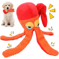Orange octopus plush dog toy with squeaker for teeth cleaning, 20 cm length