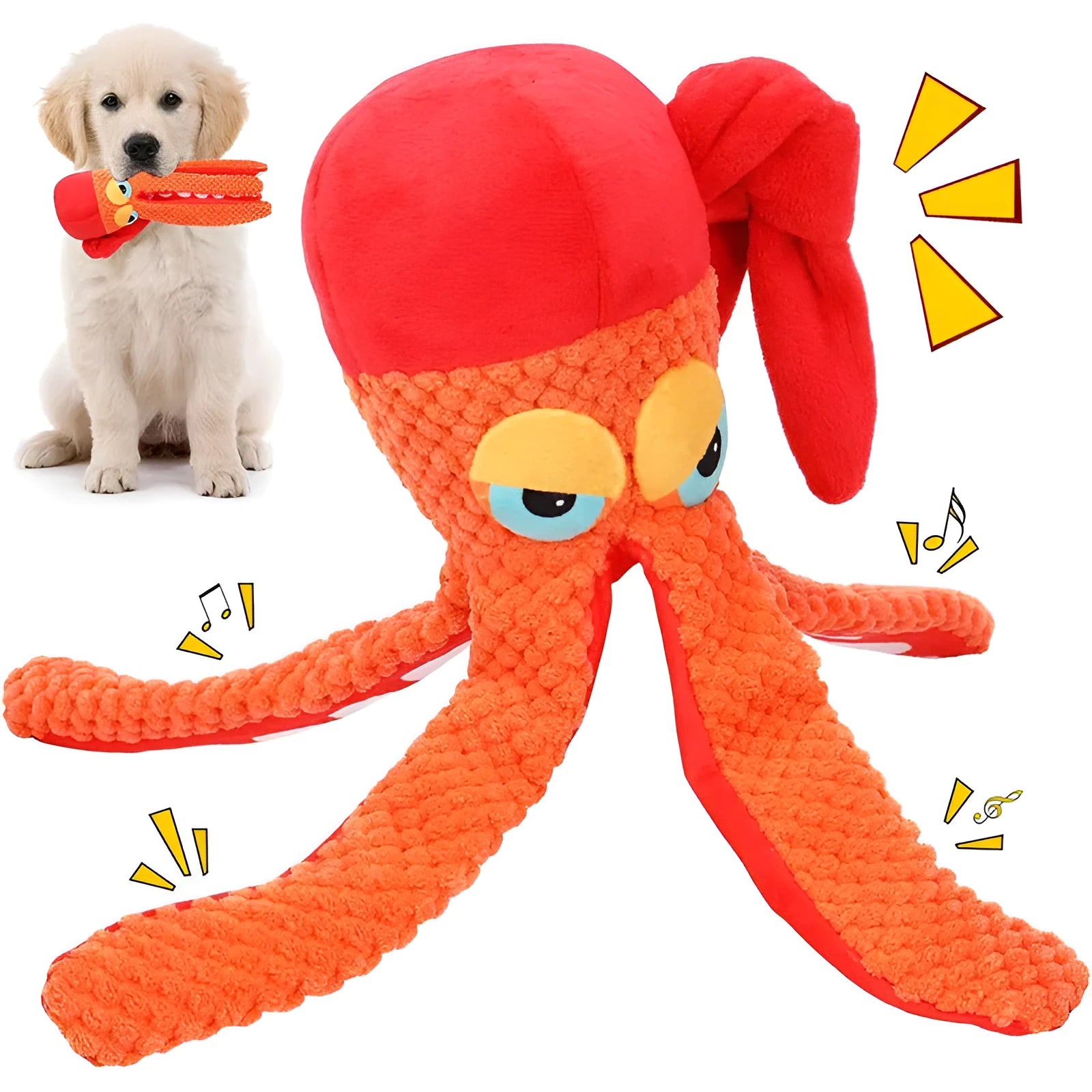 Orange octopus plush dog toy with squeaker for teeth cleaning, 20 cm length