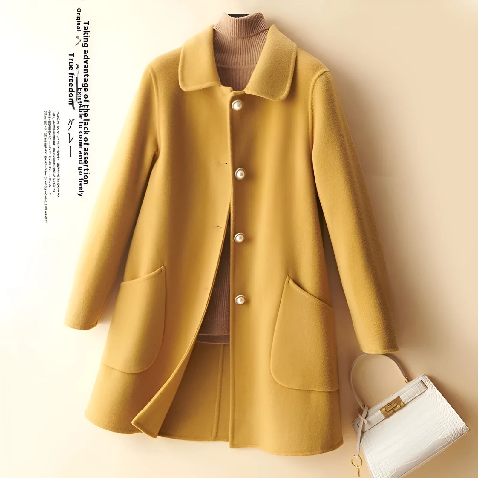 Women's wool double-faced mid-length coat with pearl buckle, doll collar, and front pockets in solid colour