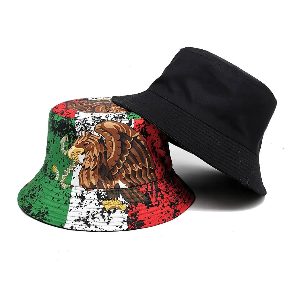 Retro eagle pattern bucket hat in size M with dome crown and polyester fabric