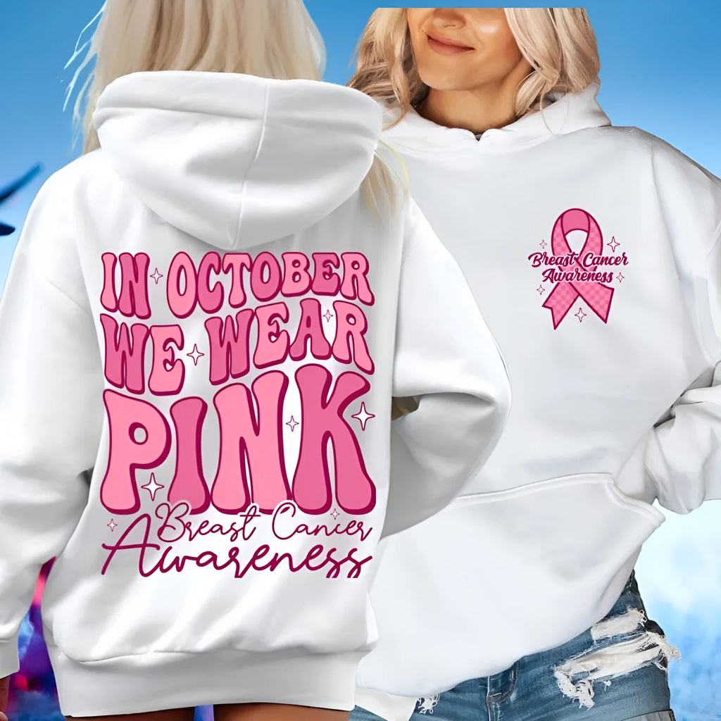 Pink Breast Cancer Awareness women's hooded sweatshirt with retro print and side seam pockets.