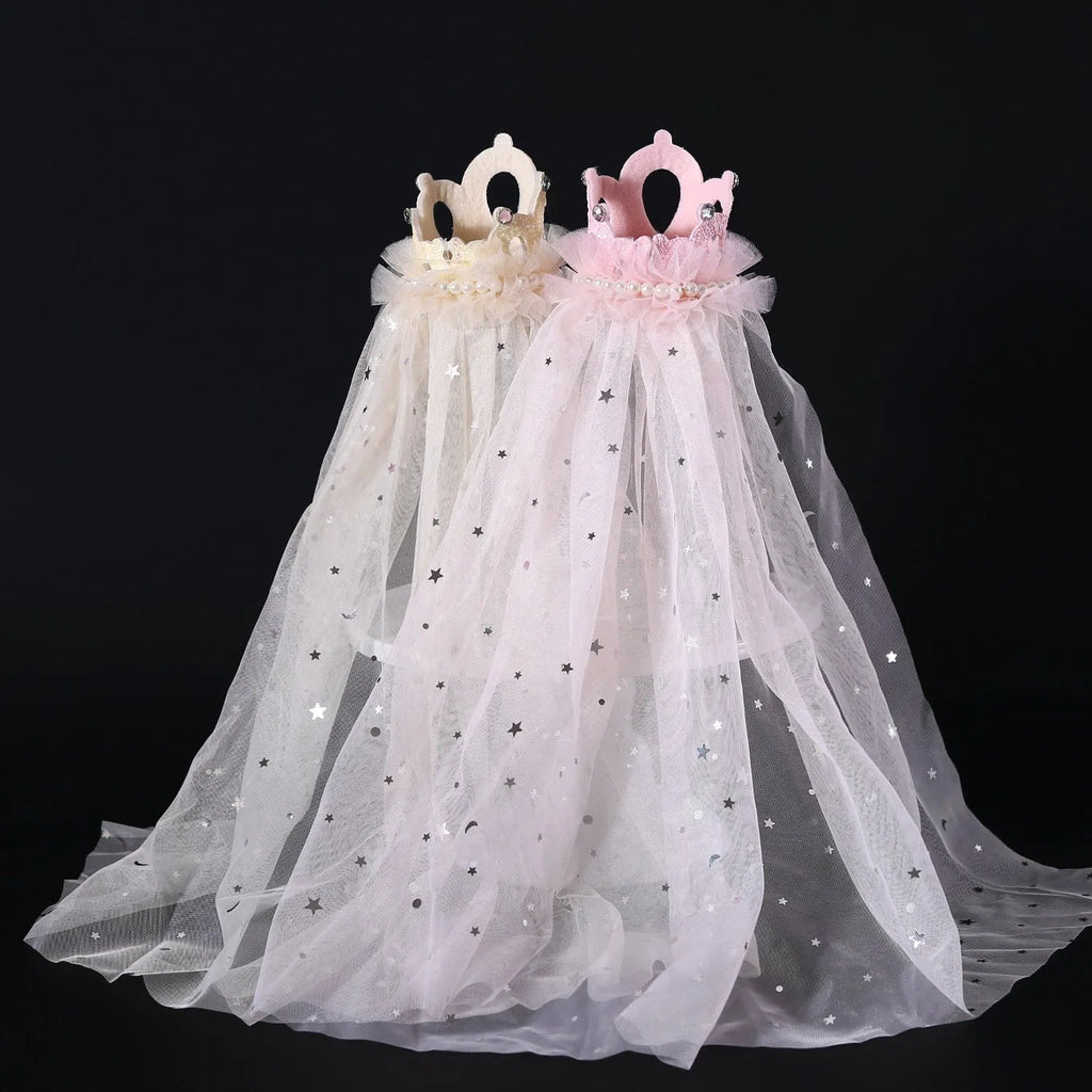 Pet cat wearing princess crown headdress with layered veil in beige or pink colour option