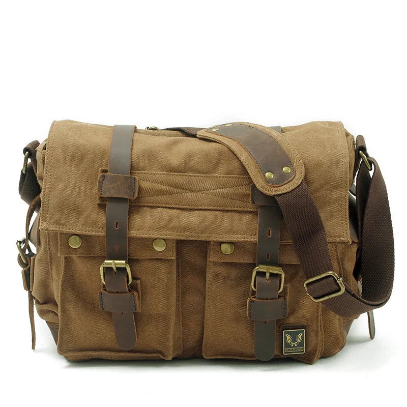 Men's canvas crossbody shoulder bag with cowhide accents in Army Green featuring a flap closure and single strap
