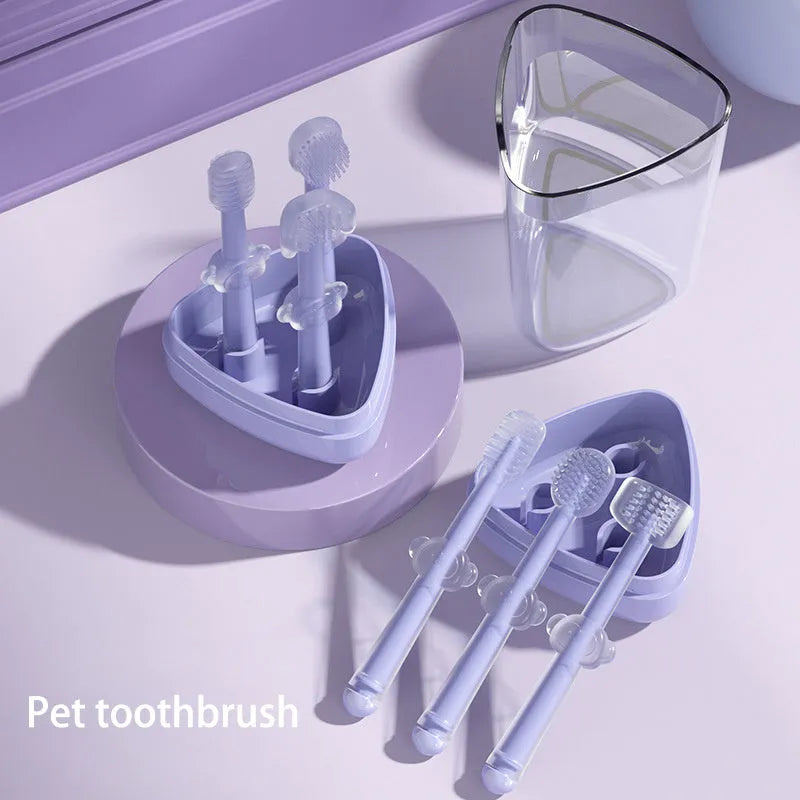 Purple flexible silicone toothbrush for cleaning dog and cat teeth