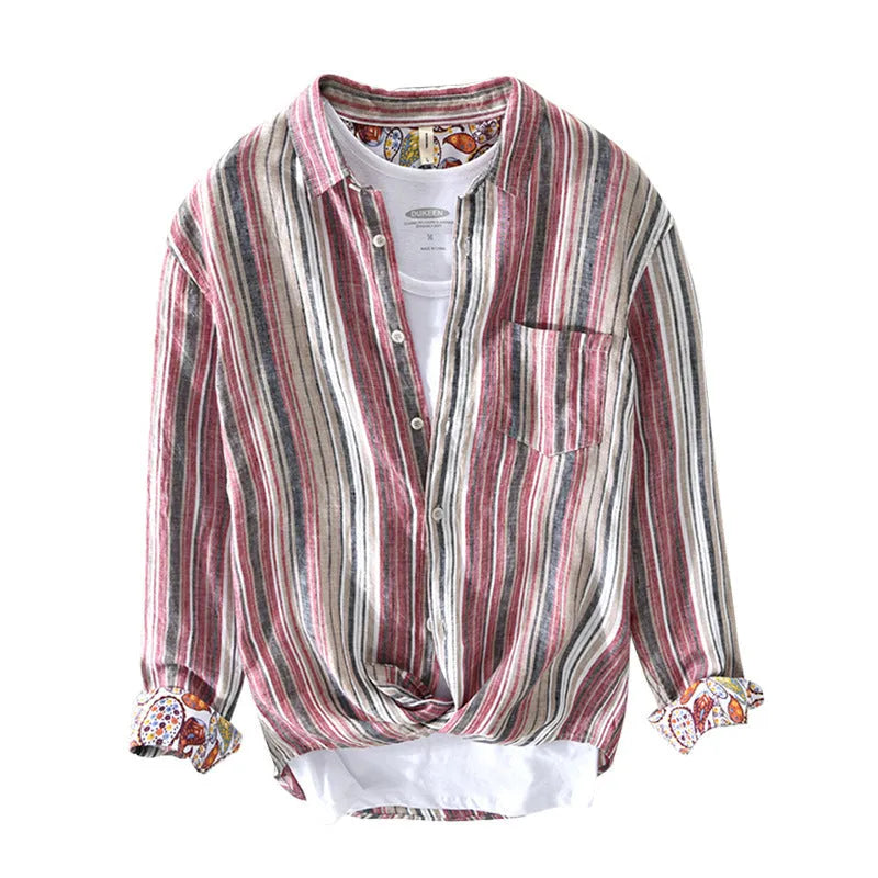 Men's striped linen shirt with long sleeves in red or grey colour options