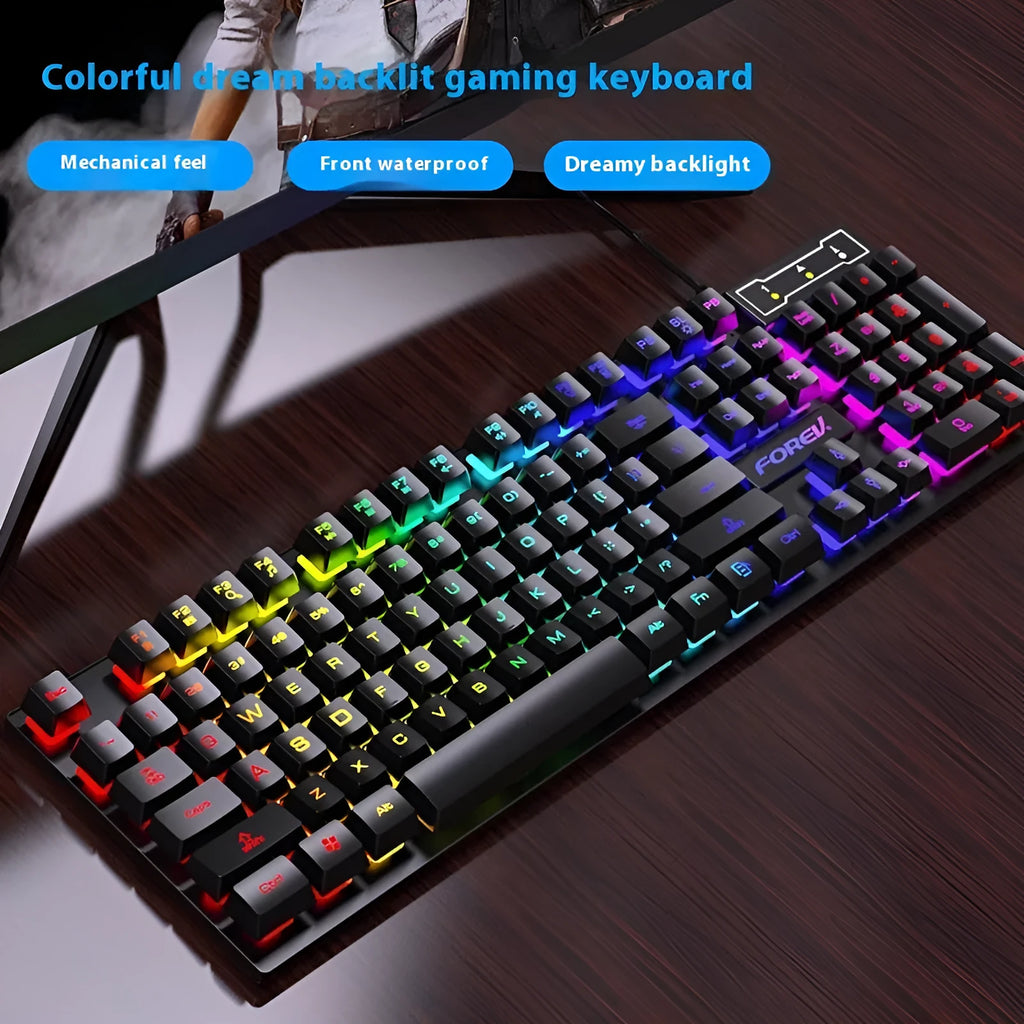 Black ABS mechanical gaming keyboard with backlit keys beside matching USB mouse on desk